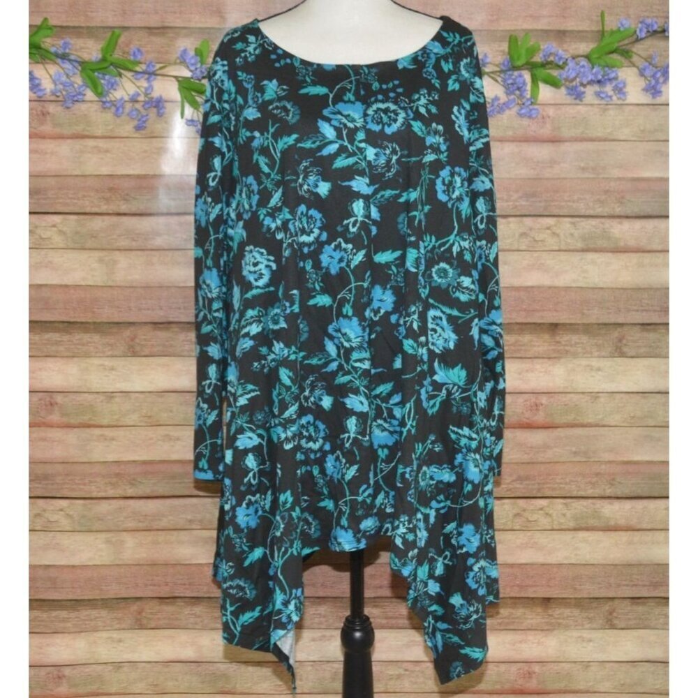 Roaman's Black Green Floral Asymmetric Hem Tunic Blouse Plus Size 3X Romantic